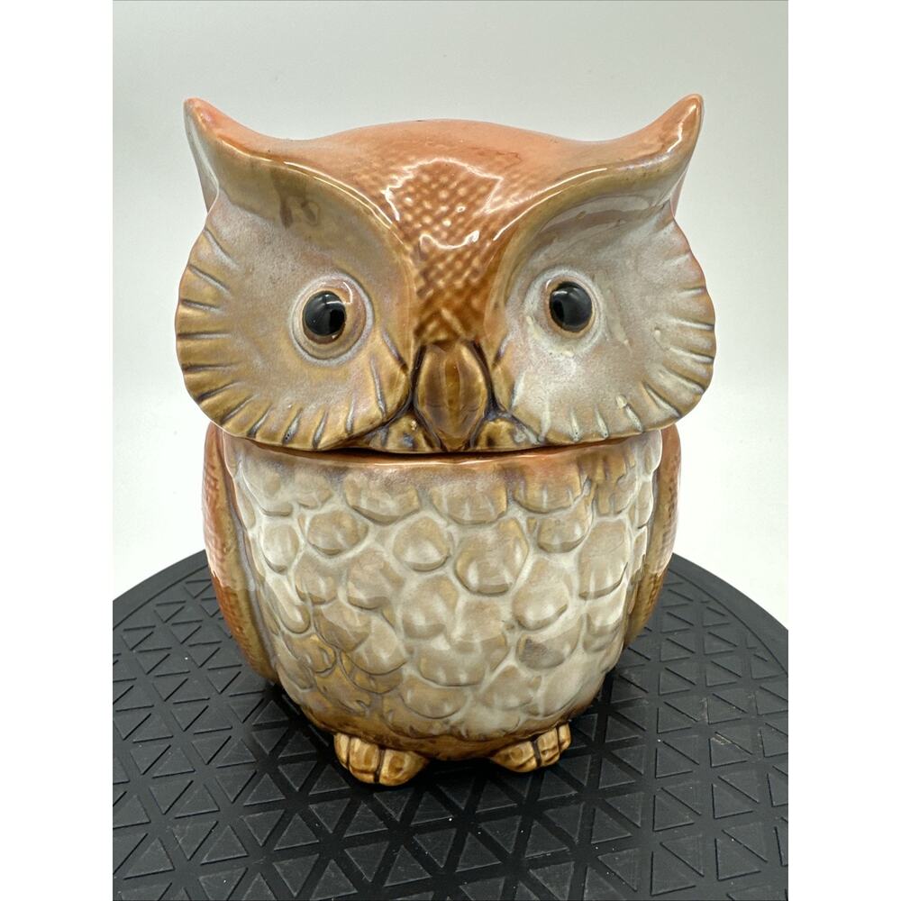 Vintage Harvest Spices Ceramic Owl Canister Orange EUC
